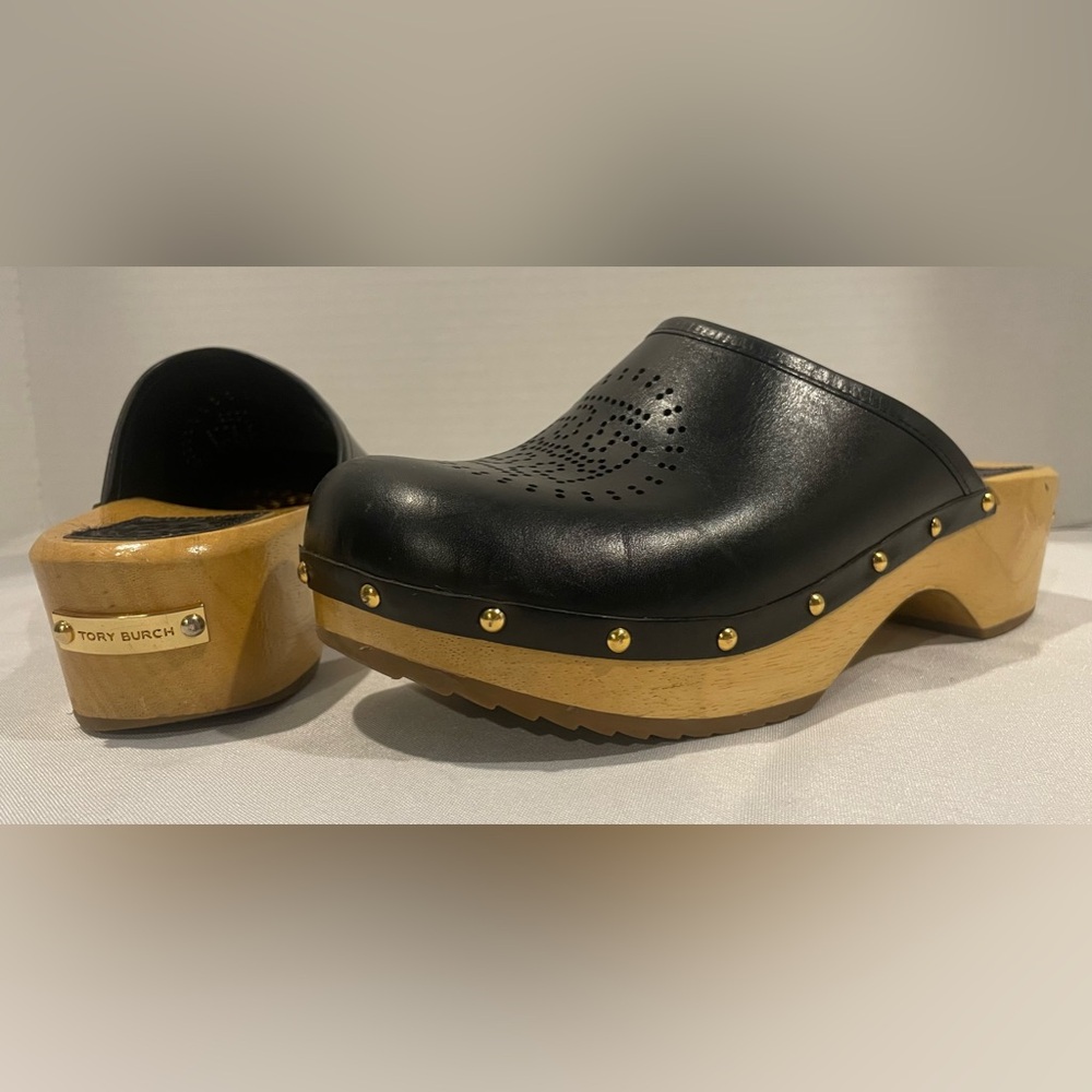 Tory Burch Black Leather & Wood Clogs with Gold Studs